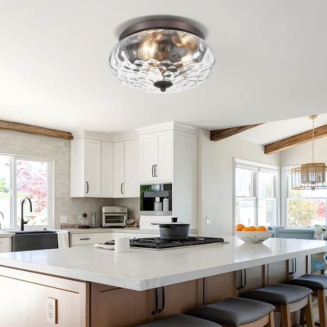Alt view image 2 of 7 - Oil-Rubbed Bronze Ceiling Light Fixtures, 3-Light Flush Mount Ceiling Light with Water Ripple Glass Shade for Indoor Outdoor Hallway Kitchen Bedroom Porch Schoolhouse