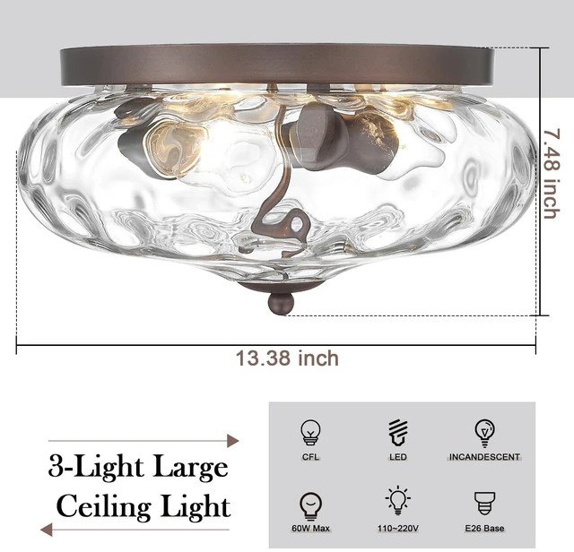 Alt view image 3 of 7 - Oil-Rubbed Bronze Ceiling Light Fixtures, 3-Light Flush Mount Ceiling Light with Water Ripple Glass Shade for Indoor Outdoor Hallway Kitchen Bedroom Porch Schoolhouse