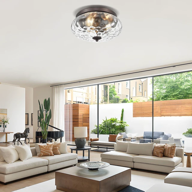 Alt view image 5 of 7 - Oil-Rubbed Bronze Ceiling Light Fixtures, 3-Light Flush Mount Ceiling Light with Water Ripple Glass Shade for Indoor Outdoor Hallway Kitchen Bedroom Porch Schoolhouse