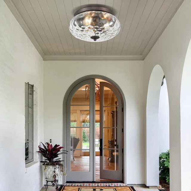 Alt view image 6 of 7 - Oil-Rubbed Bronze Ceiling Light Fixtures, 3-Light Flush Mount Ceiling Light with Water Ripple Glass Shade for Indoor Outdoor Hallway Kitchen Bedroom Porch Schoolhouse