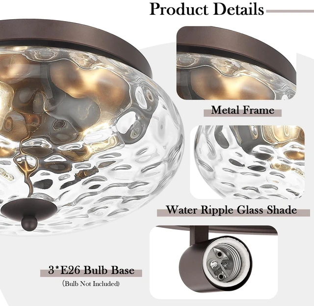 Alt view image 4 of 7 - Oil-Rubbed Bronze Ceiling Light Fixtures, 3-Light Flush Mount Ceiling Light with Water Ripple Glass Shade for Indoor Outdoor Hallway Kitchen Bedroom Porch Schoolhouse
