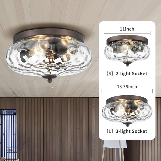 Alt view image 7 of 7 - Oil-Rubbed Bronze Ceiling Light Fixtures, 3-Light Flush Mount Ceiling Light with Water Ripple Glass Shade for Indoor Outdoor Hallway Kitchen Bedroom Porch Schoolhouse