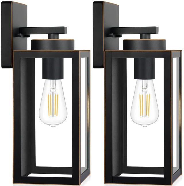 Main image of Outdoor Wall Light Fixtures, Porch Lights Black with Gold Trim | Waterproof Metal Construction, Rust-resistant, Quick & Easy Installation, Clear Glass Shades & Standard E26 Socket