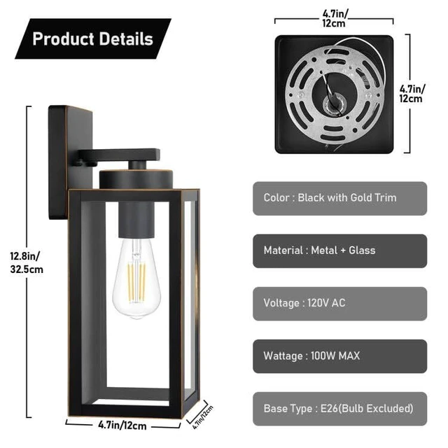 Alt view image 5 of 7 - Outdoor Wall Light Fixtures, Porch Lights Black with Gold Trim | Waterproof Metal Construction, Rust-resistant, Quick & Easy Installation, Clear Glass Shades & Standard E26 Socket