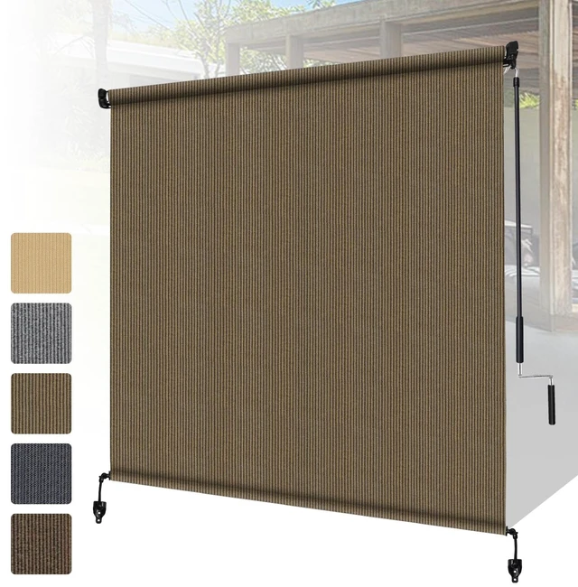 Main image of Outdoor Roller Shades with Splicing Design, 8' W x 8' H Cordless Patio Roll Up Blinds, Exterior Shade Cloth Roll for Porch, Gazebo, Pergola, Balcony, Coffee Brown