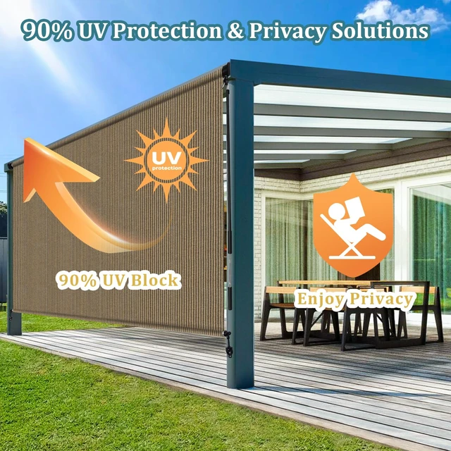 Alt view image 2 of 7 - Outdoor Roller Shades with Splicing Design, 8' W x 8' H Cordless Patio Roll Up Blinds, Exterior Shade Cloth Roll for Porch, Gazebo, Pergola, Balcony, Coffee Brown
