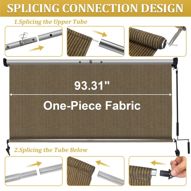 Alt view image 5 of 7 - Outdoor Roller Shades with Splicing Design, 8' W x 8' H Cordless Patio Roll Up Blinds, Exterior Shade Cloth Roll for Porch, Gazebo, Pergola, Balcony, Coffee Brown