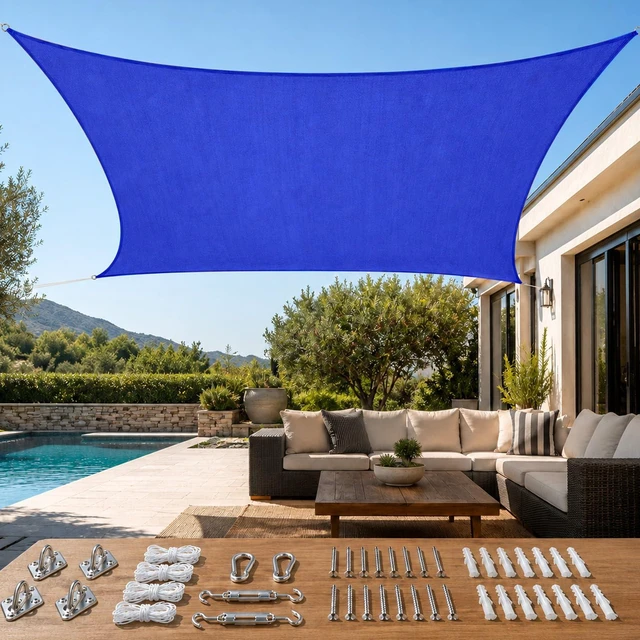 Main image of Sun Shade Sail for Patio w/Hardware Kit 185GSM 20x20ft Blue | Square Outdoor Sunshades UV Block Outside Canopy Cover for Commercial, Backyard, Garden, Deck