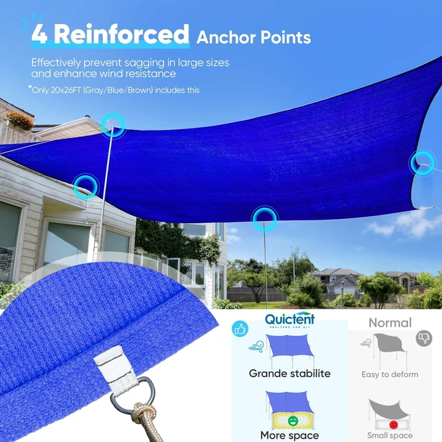 Alt view image 2 of 7 - Sun Shade Sail for Patio w/Hardware Kit 185GSM 20x20ft Blue | Square Outdoor Sunshades UV Block Outside Canopy Cover for Commercial, Backyard, Garden, Deck