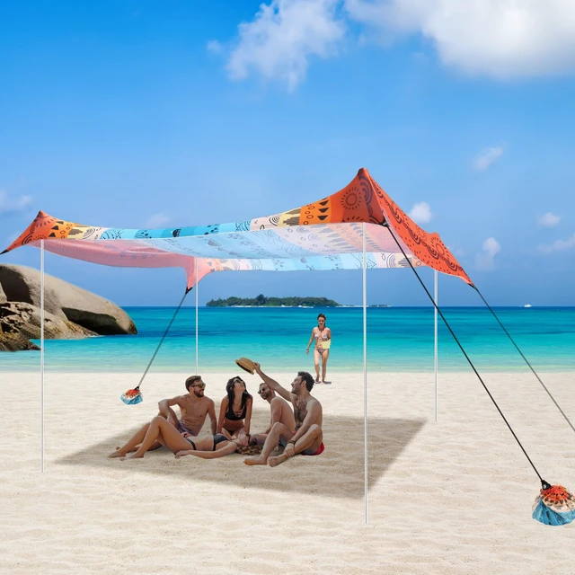 Alt view image 2 of 7 - Beach Tent, Beach Canopy Sun Shade UPF 50+, Portable 10×10 FT Camping Sun Shelter with Sandbags, Poles, Ground Pegs and Anti-Wind Ropes for Outdoor, Backyard, Picnics, Sport, Fishing