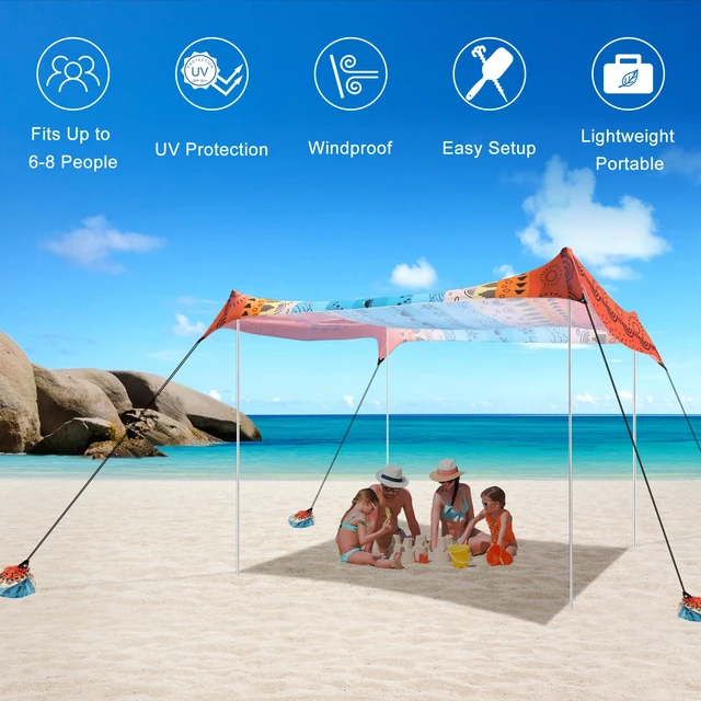 Alt view image 3 of 7 - Beach Tent, Beach Canopy Sun Shade UPF 50+, Portable 10×10 FT Camping Sun Shelter with Sandbags, Poles, Ground Pegs and Anti-Wind Ropes for Outdoor, Backyard, Picnics, Sport, Fishing