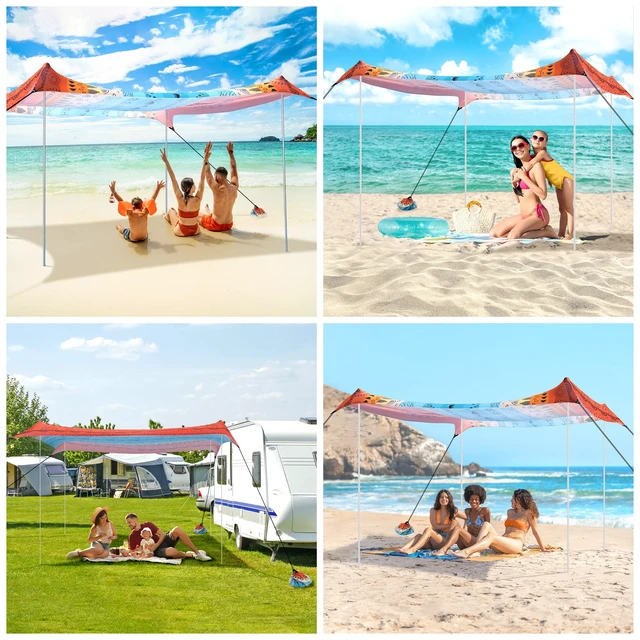 Alt view image 5 of 7 - Beach Tent, Beach Canopy Sun Shade UPF 50+, Portable 10×10 FT Camping Sun Shelter with Sandbags, Poles, Ground Pegs and Anti-Wind Ropes for Outdoor, Backyard, Picnics, Sport, Fishing