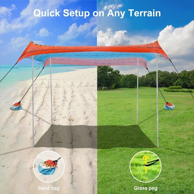 Alt view image 4 of 7 - Beach Tent, Beach Canopy Sun Shade UPF 50+, Portable 10×10 FT Camping Sun Shelter with Sandbags, Poles, Ground Pegs and Anti-Wind Ropes for Outdoor, Backyard, Picnics, Sport, Fishing