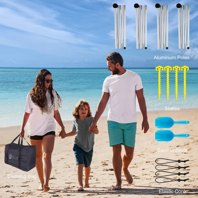 Alt view image 6 of 7 - Beach Tent, Beach Canopy Sun Shade UPF 50+, Portable 10×10 FT Camping Sun Shelter with Sandbags, Poles, Ground Pegs and Anti-Wind Ropes for Outdoor, Backyard, Picnics, Sport, Fishing