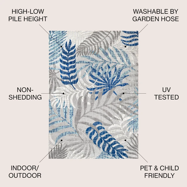 Alt view image 2 of 7 - Tropics Palm Leaves Indoor Outdoor Square Area Rug 6X6 Gray/Blue | Ships Rolled, Durable Flat Weave, Lays Flat for Backyard, Patio, Porch, Easy-Cleaning, High Traffic,Pet-Friendly,Non-Shedding