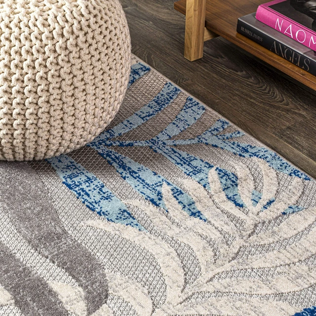 Alt view image 3 of 7 - Tropics Palm Leaves Indoor Outdoor Square Area Rug 6X6 Gray/Blue | Ships Rolled, Durable Flat Weave, Lays Flat for Backyard, Patio, Porch, Easy-Cleaning, High Traffic,Pet-Friendly,Non-Shedding