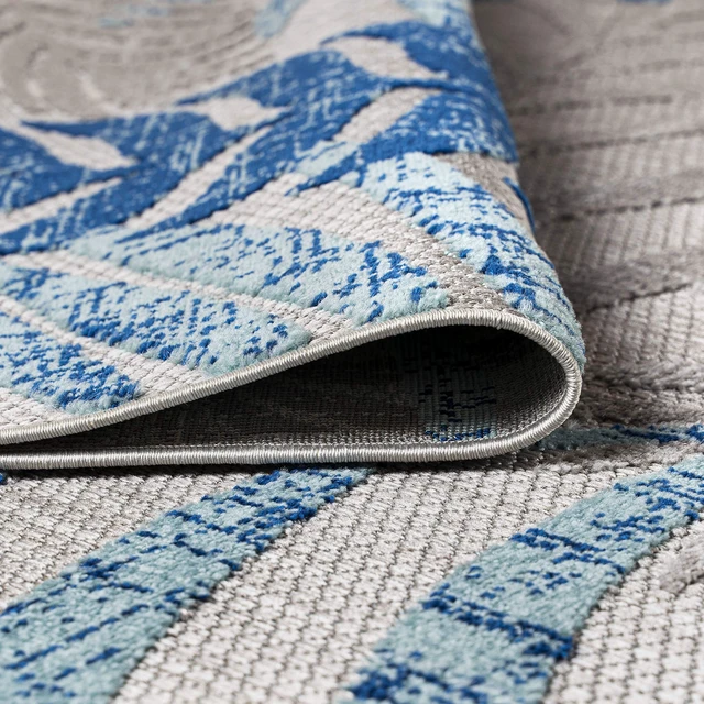 Alt view image 5 of 7 - Tropics Palm Leaves Indoor Outdoor Square Area Rug 6X6 Gray/Blue | Ships Rolled, Durable Flat Weave, Lays Flat for Backyard, Patio, Porch, Easy-Cleaning, High Traffic,Pet-Friendly,Non-Shedding