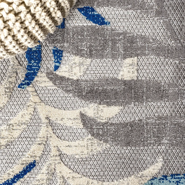 Alt view image 4 of 7 - Tropics Palm Leaves Indoor Outdoor Square Area Rug 6X6 Gray/Blue | Ships Rolled, Durable Flat Weave, Lays Flat for Backyard, Patio, Porch, Easy-Cleaning, High Traffic,Pet-Friendly,Non-Shedding