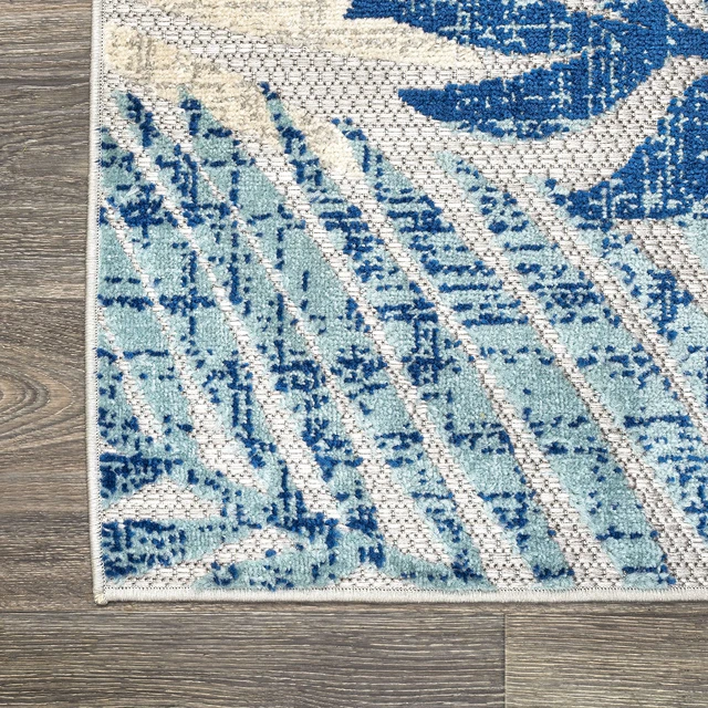 Alt view image 7 of 7 - Tropics Palm Leaves Indoor Outdoor Square Area Rug 6X6 Gray/Blue | Ships Rolled, Durable Flat Weave, Lays Flat for Backyard, Patio, Porch, Easy-Cleaning, High Traffic,Pet-Friendly,Non-Shedding