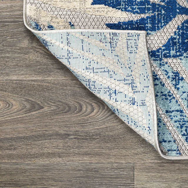 Alt view image 6 of 7 - Tropics Palm Leaves Indoor Outdoor Square Area Rug 6X6 Gray/Blue | Ships Rolled, Durable Flat Weave, Lays Flat for Backyard, Patio, Porch, Easy-Cleaning, High Traffic,Pet-Friendly,Non-Shedding