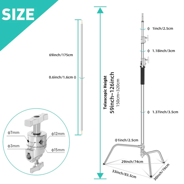 Alt view image 5 of 7 - Heavy Duty C Stand 10.8ft/330cm with Boom Arm Sandbag Grips | 100% Stainless Steel Photography Light Stand Studio Monolight, Softbox, Reflector (Max Loading 44 Pounds