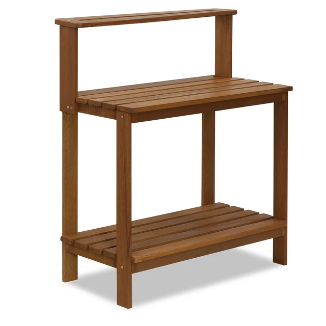 Alt view image 5 of 7 - Tioman Outdoor Potting Bench with Storage Shelf, Natural | Slatted Hardwood, Potting Bench Table, Garden Workstation, with Shelves for Gardening, Potting, Planting