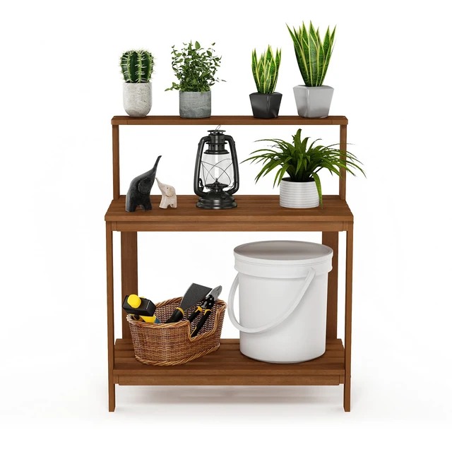 Alt view image 4 of 7 - Tioman Outdoor Potting Bench with Storage Shelf, Natural | Slatted Hardwood, Potting Bench Table, Garden Workstation, with Shelves for Gardening, Potting, Planting