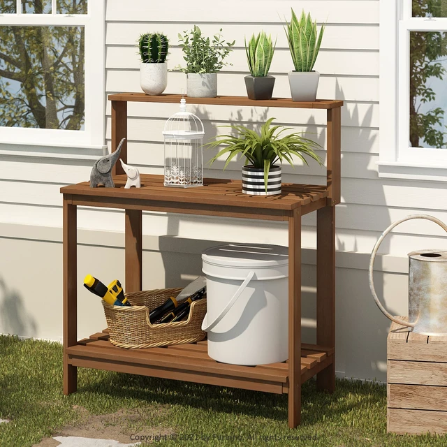 Alt view image 2 of 7 - Tioman Outdoor Potting Bench with Storage Shelf, Natural | Slatted Hardwood, Potting Bench Table, Garden Workstation, with Shelves for Gardening, Potting, Planting
