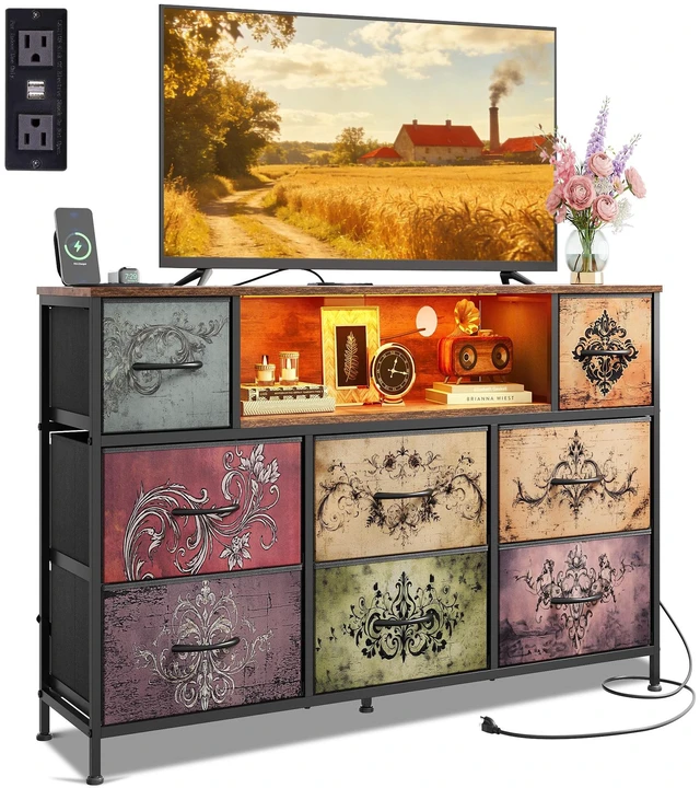 Main image of LED Dresser TV Stand for 55 Inch TV, 8 Drawers, Pattern | Fits TVs up to 55 inch, 8 fabric drawers, LED chest of drawers, Built-in power outlet, Living room or bedroom