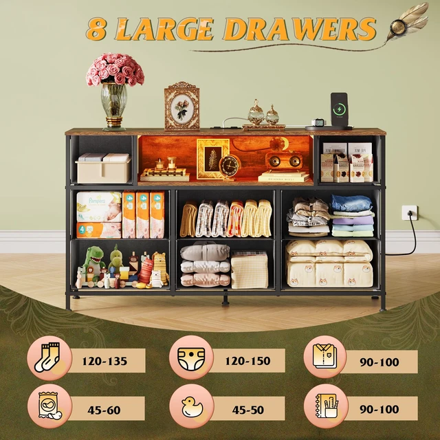 Alt view image 3 of 7 - LED Dresser TV Stand for 55 Inch TV, 8 Drawers, Pattern | Fits TVs up to 55 inch, 8 fabric drawers, LED chest of drawers, Built-in power outlet, Living room or bedroom