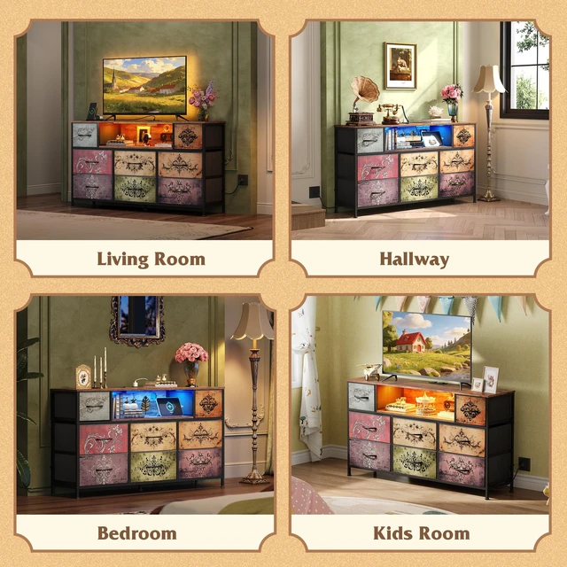 Alt view image 2 of 7 - LED Dresser TV Stand for 55 Inch TV, 8 Drawers, Pattern | Fits TVs up to 55 inch, 8 fabric drawers, LED chest of drawers, Built-in power outlet, Living room or bedroom