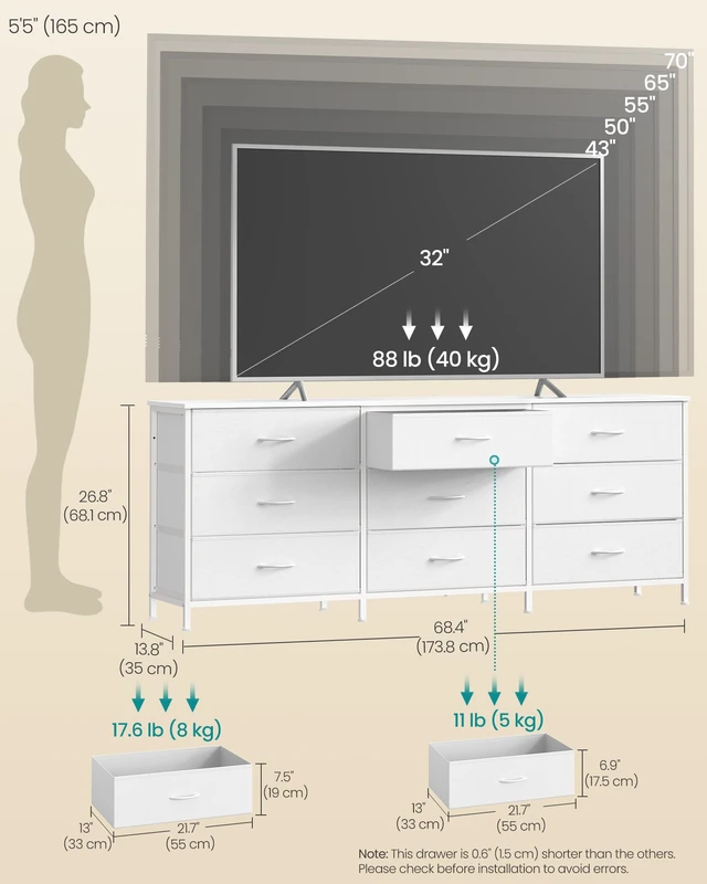 Alt view image 5 of 5 - Dresser with 9 Fabric Drawers, TV Stand for TVs Up to 70 Inches | Wide Dresser, Chest of Drawers for Bedroom and Living Room, Cloud White, BELLAH Collection ULGS233WH02S