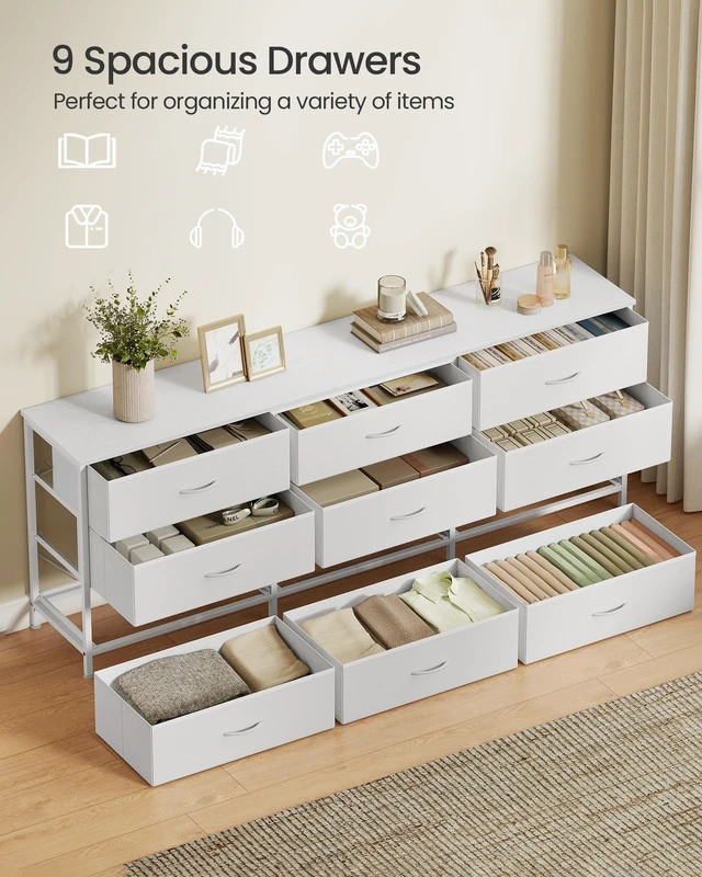 Alt view image 3 of 5 - Dresser with 9 Fabric Drawers, TV Stand for TVs Up to 70 Inches | Wide Dresser, Chest of Drawers for Bedroom and Living Room, Cloud White, BELLAH Collection ULGS233WH02S