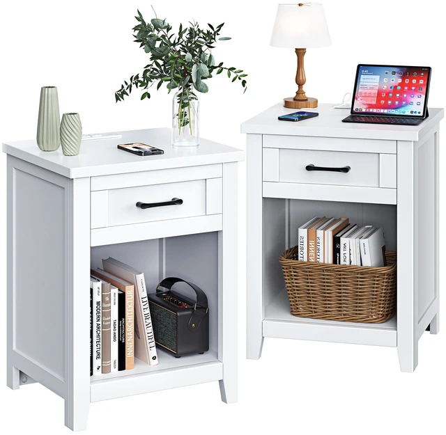 Main image of Farmhouse Nightstand with Charging Station & Large Storage, Set of 2 Modern End Tables with Outlets, USB Ports and Type-C Ports, Easy Assembly for Bedroom (Pure White)