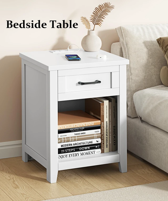 Alt view image 3 of 7 - Farmhouse Nightstand with Charging Station & Large Storage, Set of 2 Modern End Tables with Outlets, USB Ports and Type-C Ports, Easy Assembly for Bedroom (Pure White)