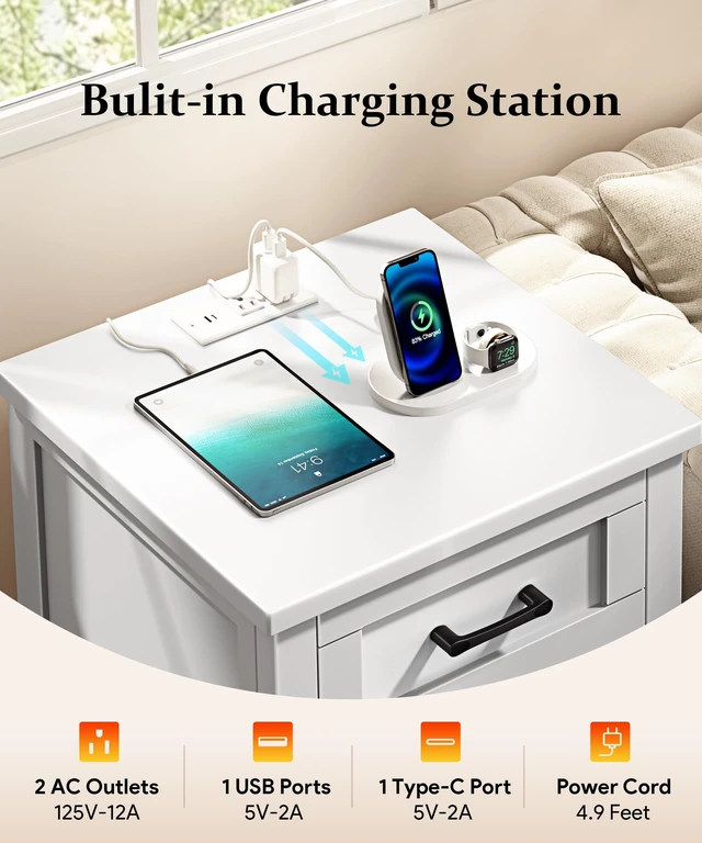 Alt view image 5 of 7 - Farmhouse Nightstand with Charging Station & Large Storage, Set of 2 Modern End Tables with Outlets, USB Ports and Type-C Ports, Easy Assembly for Bedroom (Pure White)