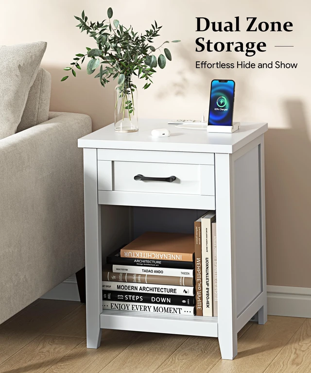 Alt view image 4 of 7 - Farmhouse Nightstand with Charging Station & Large Storage, Set of 2 Modern End Tables with Outlets, USB Ports and Type-C Ports, Easy Assembly for Bedroom (Pure White)