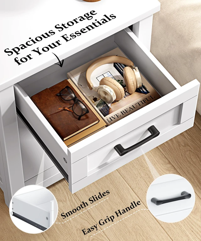 Alt view image 6 of 7 - Farmhouse Nightstand with Charging Station & Large Storage, Set of 2 Modern End Tables with Outlets, USB Ports and Type-C Ports, Easy Assembly for Bedroom (Pure White)