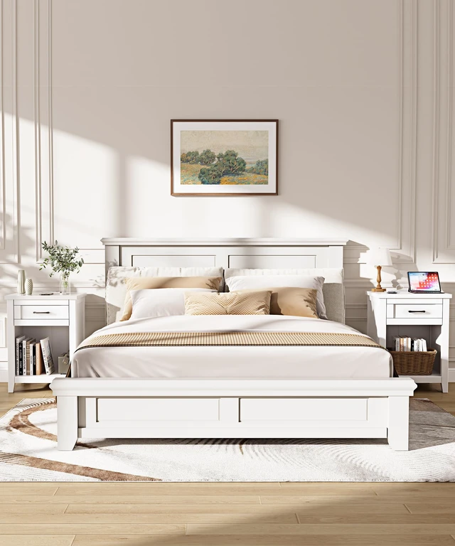 Alt view image 7 of 7 - Farmhouse Nightstand with Charging Station & Large Storage, Set of 2 Modern End Tables with Outlets, USB Ports and Type-C Ports, Easy Assembly for Bedroom (Pure White)