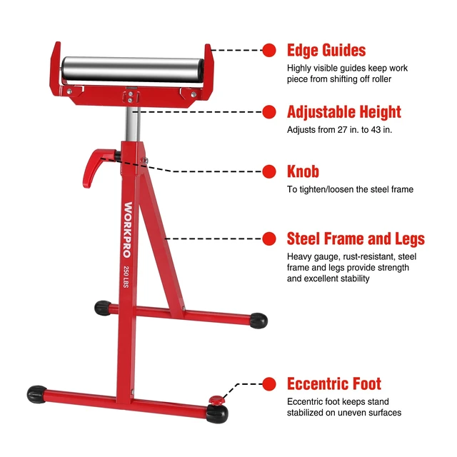 Alt view image 2 of 7 - Folding Roller Stand Height Adjustable, Heavy Duty 250 LB Load Capacity, Outfeed Woodworking (Upgraded head), 2PCS