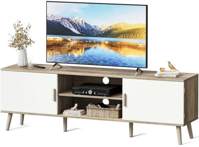 Main image of TV Stand for 55 Inch TV, Entertainment Center with Adjustable Shelf, 2 Cabinets, TV Console Table, Media Console, Solid Wood Feet, Cord Holes, for Living Room, Bedroom, Gray and White