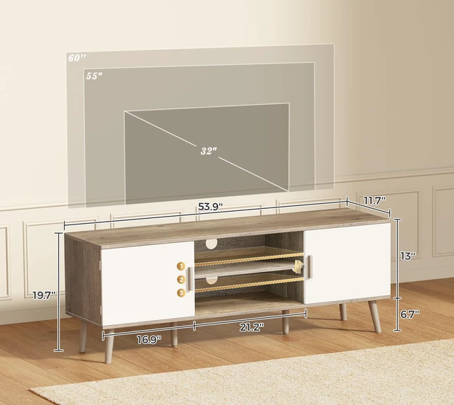 Alt view image 3 of 7 - TV Stand for 55 Inch TV, Entertainment Center with Adjustable Shelf, 2 Cabinets, TV Console Table, Media Console, Solid Wood Feet, Cord Holes, for Living Room, Bedroom, Gray and White