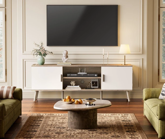 Alt view image 2 of 7 - TV Stand for 55 Inch TV, Entertainment Center with Adjustable Shelf, 2 Cabinets, TV Console Table, Media Console, Solid Wood Feet, Cord Holes, for Living Room, Bedroom, Gray and White