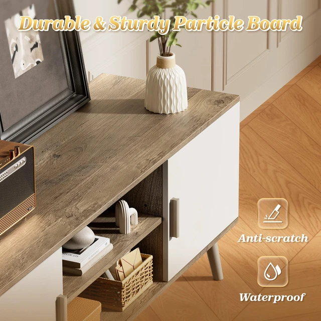 Alt view image 7 of 7 - TV Stand for 55 Inch TV, Entertainment Center with Adjustable Shelf, 2 Cabinets, TV Console Table, Media Console, Solid Wood Feet, Cord Holes, for Living Room, Bedroom, Gray and White