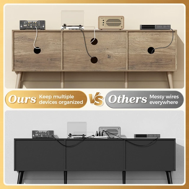Alt view image 5 of 7 - TV Stand for 55 Inch TV, Entertainment Center with Adjustable Shelf, 2 Cabinets, TV Console Table, Media Console, Solid Wood Feet, Cord Holes, for Living Room, Bedroom, Gray and White