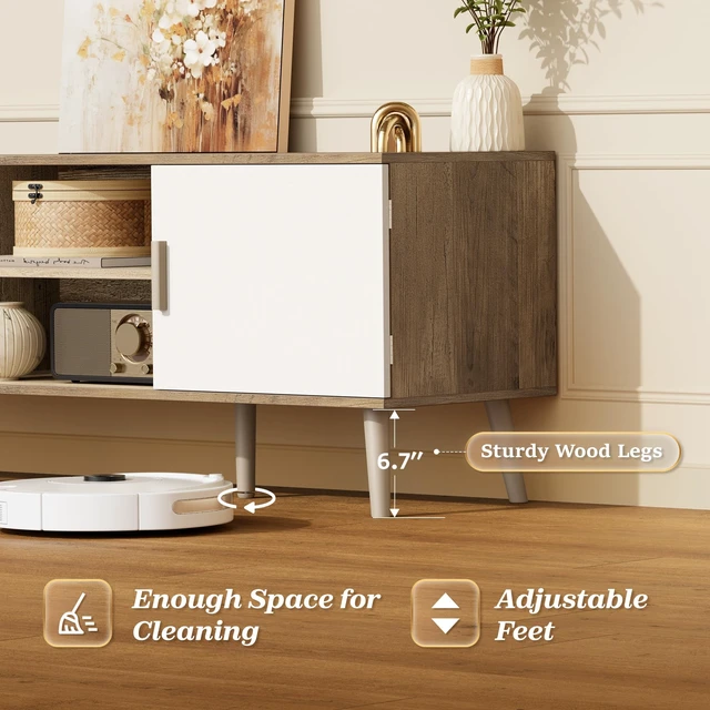Alt view image 6 of 7 - TV Stand for 55 Inch TV, Entertainment Center with Adjustable Shelf, 2 Cabinets, TV Console Table, Media Console, Solid Wood Feet, Cord Holes, for Living Room, Bedroom, Gray and White