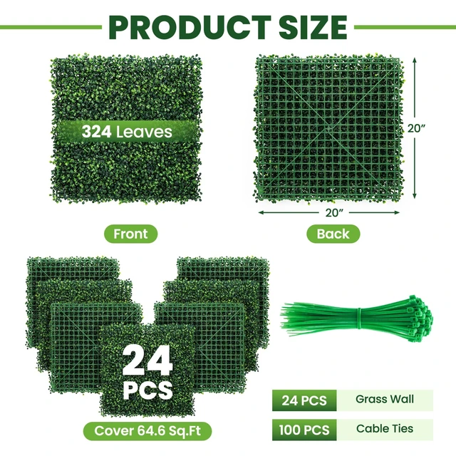 Alt view image 2 of 7 - Grass Wall Panel 24 Pack 20"x20" Artificial Boxwood Hedge Plant Wall, Greenery Walls, Artificial Grass Backdrop, Privacy Hedge Screen Faux Boxwood for Outdoor,Indoor,Garden,Fence,Backyard