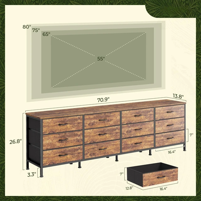 Alt view image 3 of 7 - 70 Inch Dresser for Bedroom, TV Stand for 65, 75, 80 Inch TV, 12 Fabric Drawer Long Dresser, Large Entertainment Center for Bedroom, Wide Chest of Drawer with Storage, Rustic Brown