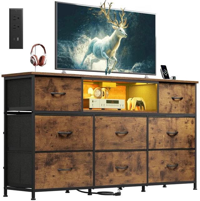 Main image of LED Dresser TV Stand for 65 Inch TV, 8 Drawers, Rustic Brown | Fits TVs up to 65 inch, 8 fabric drawers, LED chest of drawers, Built-in power outlet, Living room or bedroom