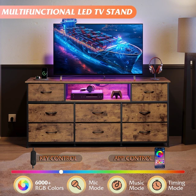 Alt view image 2 of 7 - LED Dresser TV Stand for 65 Inch TV, 8 Drawers, Rustic Brown | Fits TVs up to 65 inch, 8 fabric drawers, LED chest of drawers, Built-in power outlet, Living room or bedroom